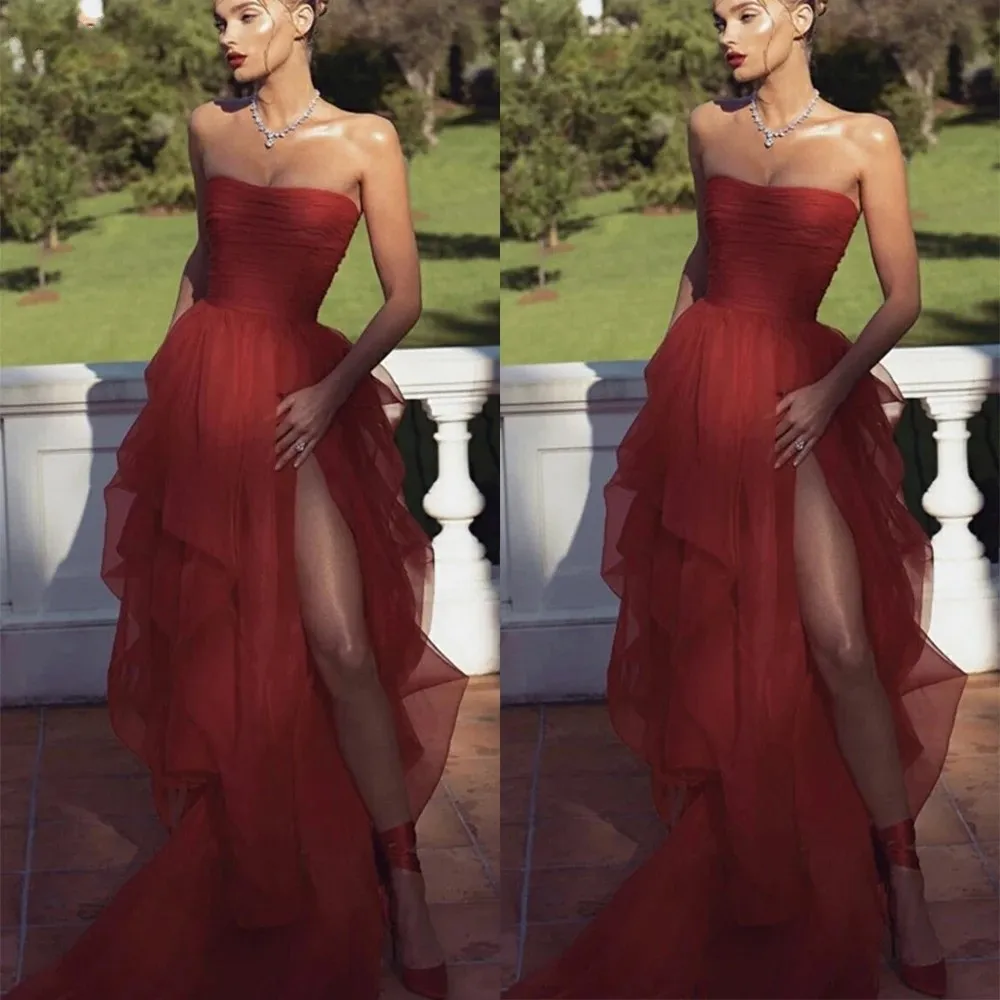 Strapless Dark Red Tulle Evening Pageant Dress 2024,... From ...