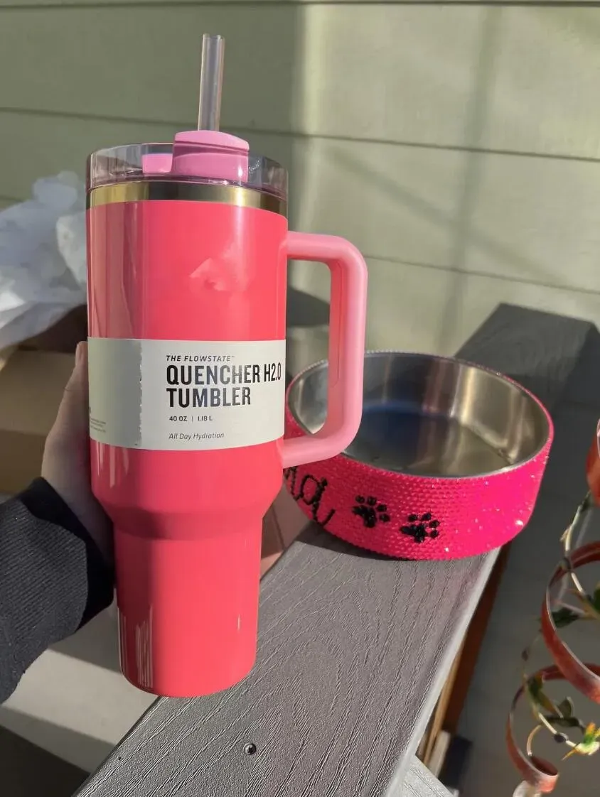 US Stock Pink Parade With 11 Logo H2.0 40oz Stainless Steel Tumblers Cups with Silicone handle Lid And Straw Travel Car mugs Keep Drinking Cold Water Bottles 0112