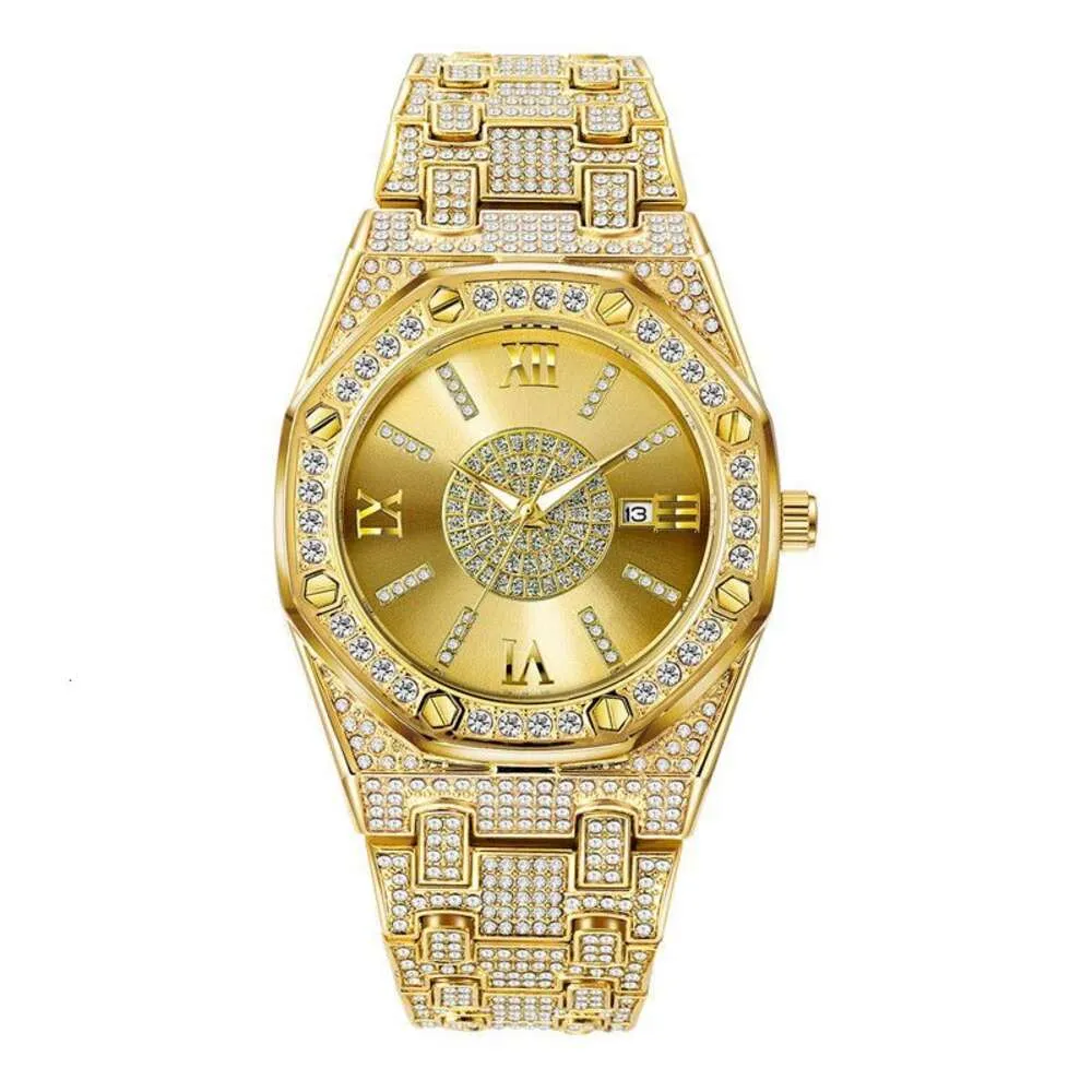 Full Diamond Super Flash Gold Men's Personalized Hiphop Square Octonal Fashion Black Calendar Watch Trend