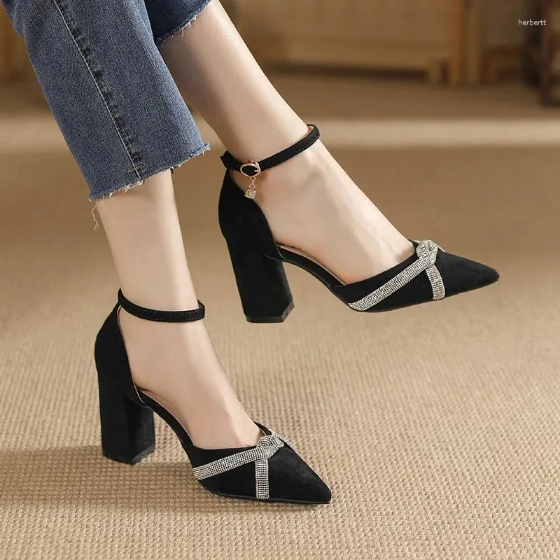 Dress Shoes Size 30-44 Chunky Heel Hollow Point Toe High Heels Women Solid Color Ankle Strap Rhinestone Black
