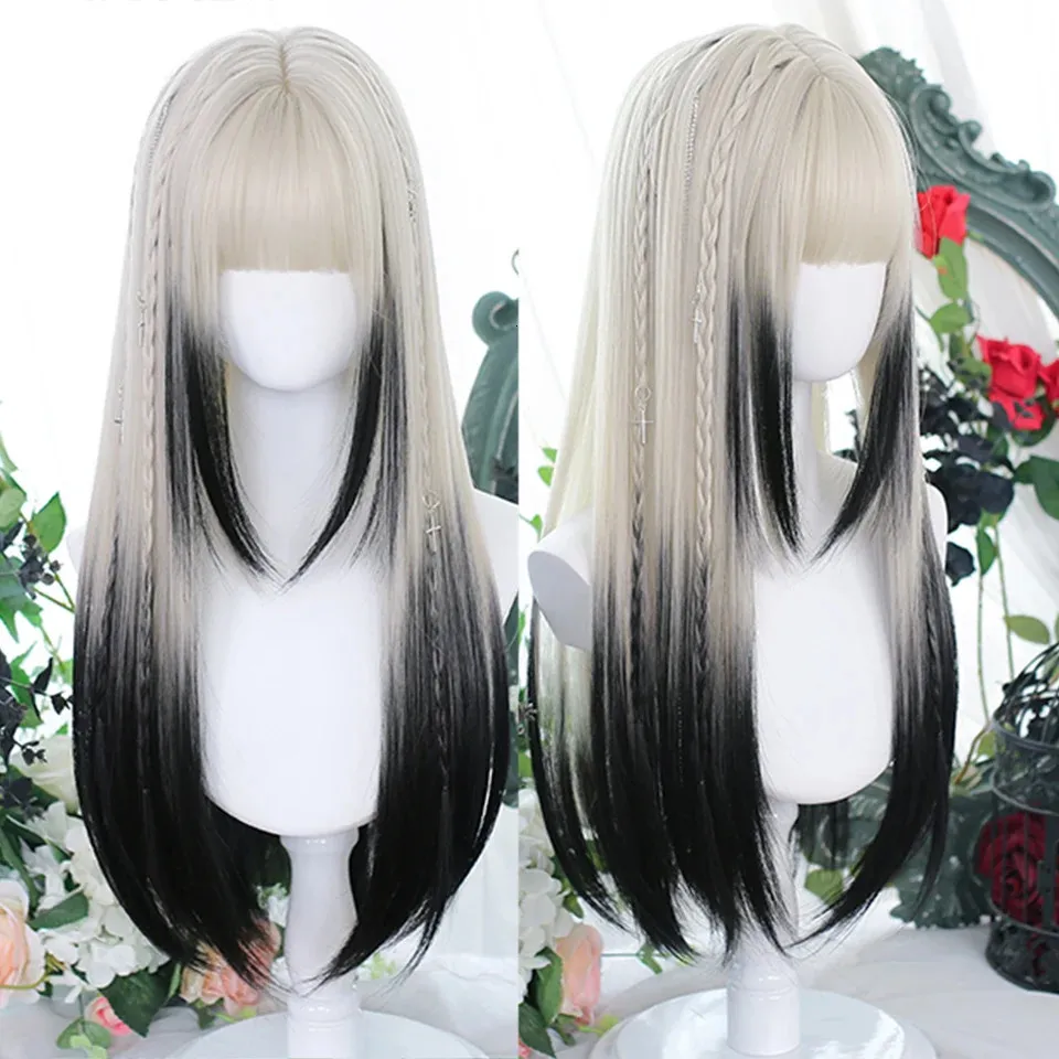 HOUYAN синтетические длинные прямые волосы женский парик серебристый градиент серый парик косплей Лолита парик с челкой парик для вечеринки 240111