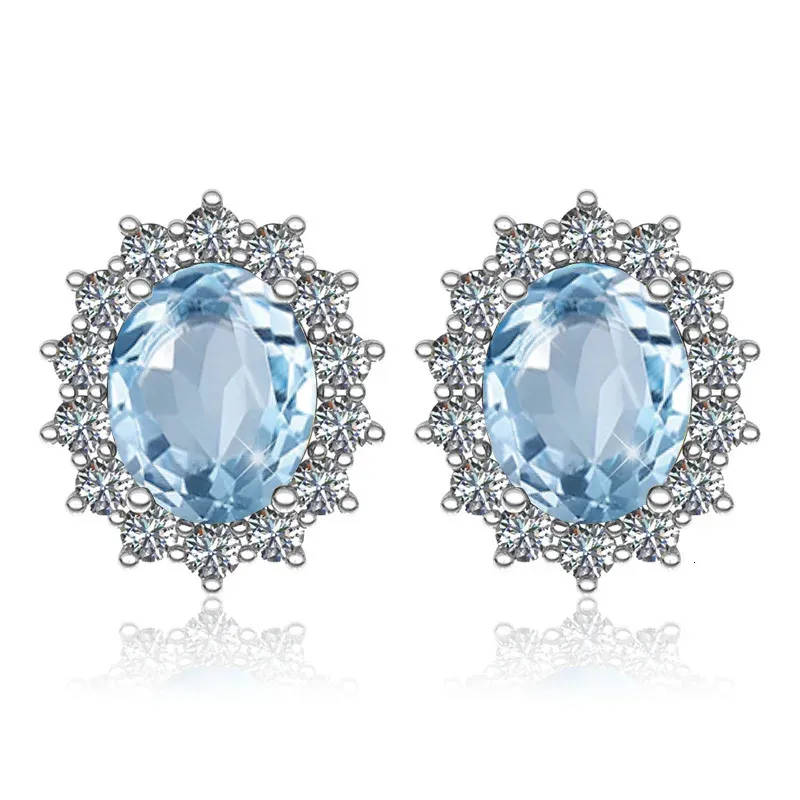 Sky Blue 925 Sterling Silver Earring Studs Aquamarine Wedding Earrings Large Gemstone With Diamonds Jewerly Fine Orecchini 240112