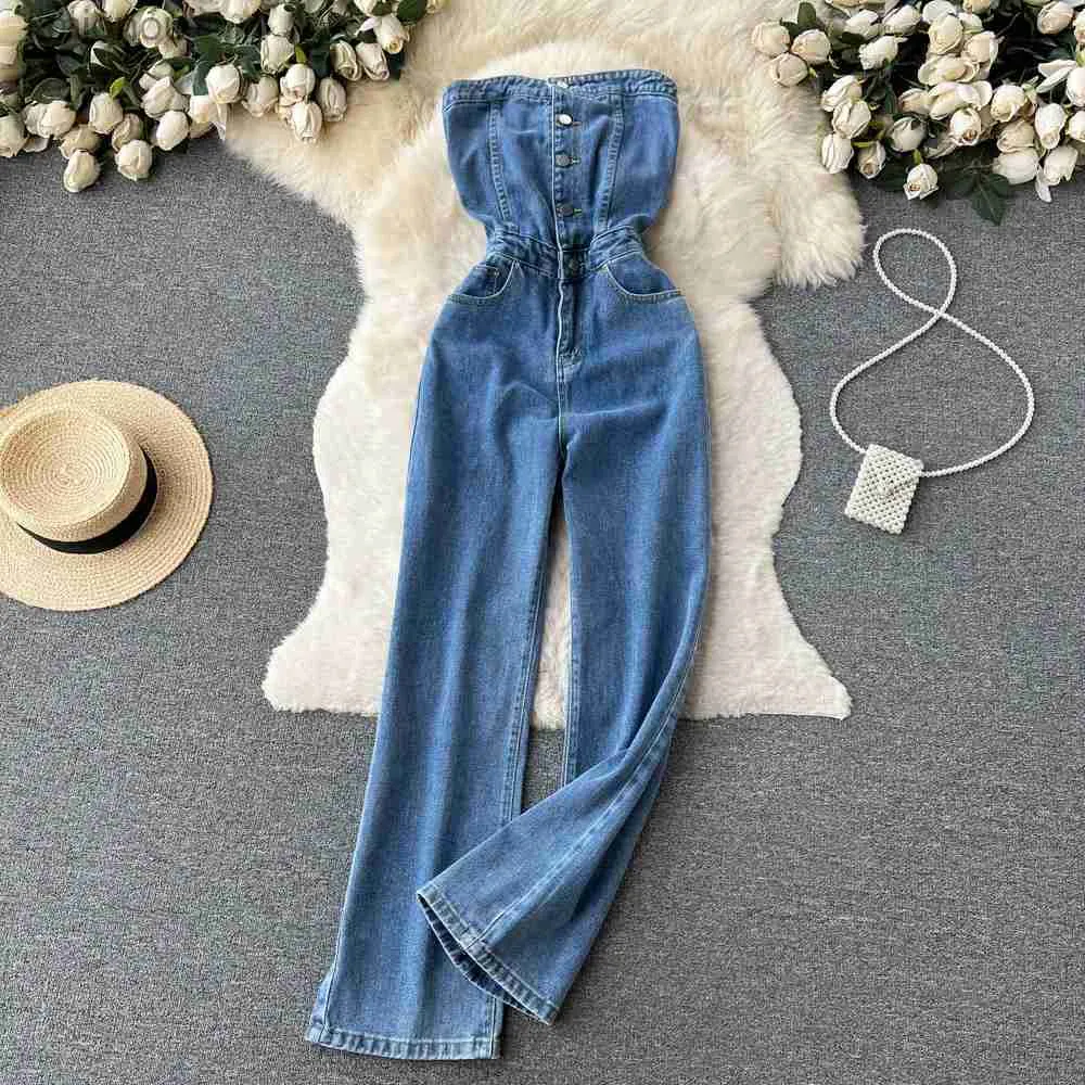 Damen-Overall, Strampler, Frühling und Sommer, neuer Retro-Stil, sexy, dünn, einreihig, Denim-Röhrenoberteil, feminin, weites Bein, Denim-Hose, L240111