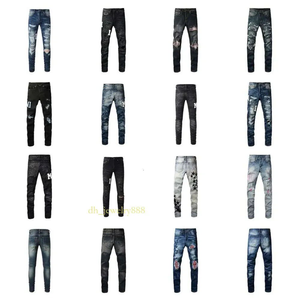 Mens Jeans Purple High Street Casual Print Jeans byxor överdimensionerade rippade lapphål denim rak mode streetwear smal