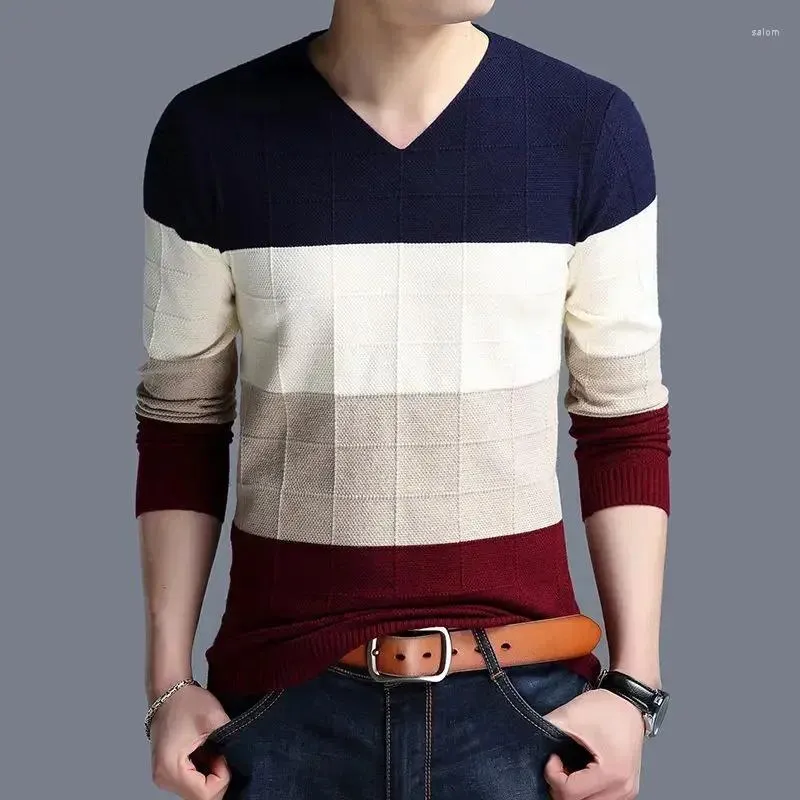 メンズセーターニットセーター男性プルオーバーブルー服格子縞vネックTシャツ温かいトップ韓国秋の服カジュアルスタイルウール