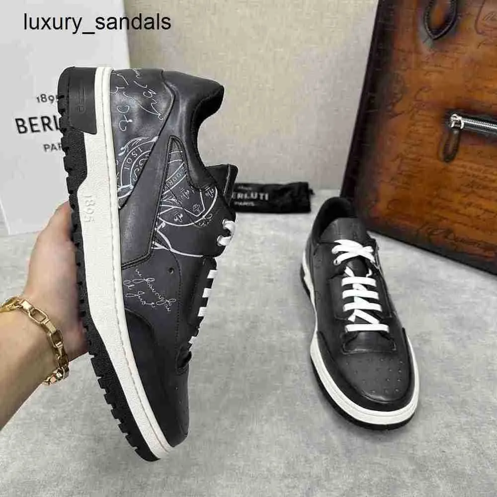 Berluti Mens Shoes Playoff Leather Sneakers Berluts New Calf Brushed Color Punched Breathable Sports with Tattoo Pattern Retro Fashion Casual Sh