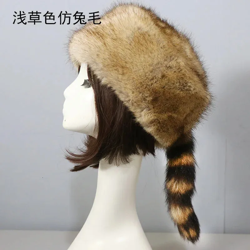 Faux Raccoon Fur Hat Long Tails Design Cute Hats 100% High Quality Russian Beanies Winter Luxury Mongolian Ski Caps 240111