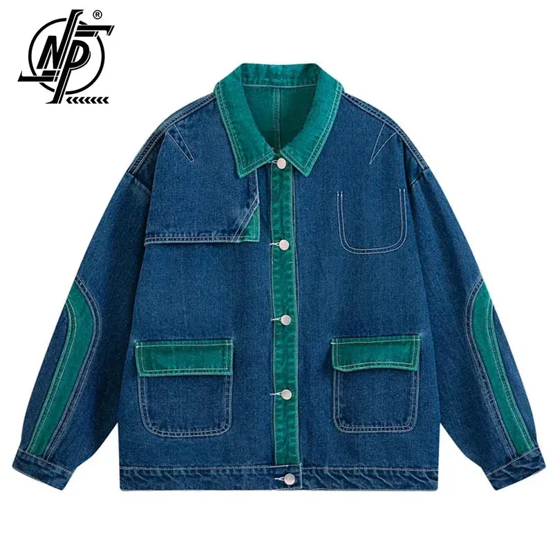 Patchwork Denim Jacket Men Women Line Design Turndown Collar Loose Casual Vintage Coat Unisex Varsity Bomber Outwear Autumn 240112