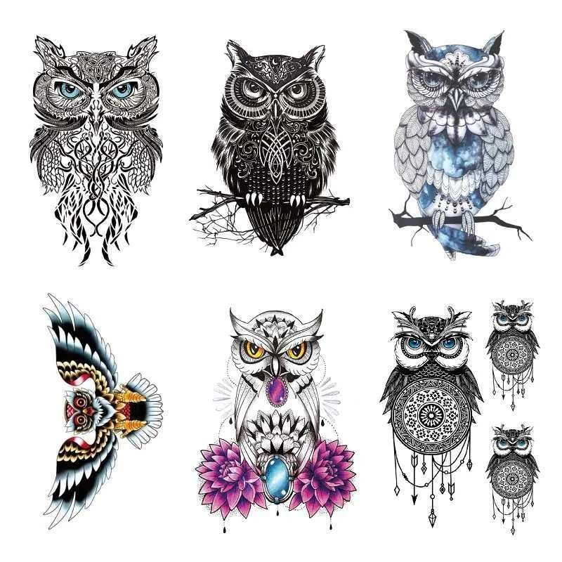 Owl Tattoo Sticker Water Transfer Waterproof Set med simulerad