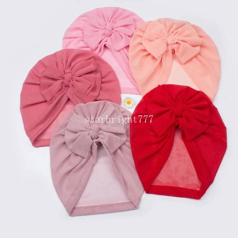 Gorro macio para recém-nascidos, chapéu de malha de nylon com laço, chapéu confortável para meninas, gorro infantil fofo para crianças