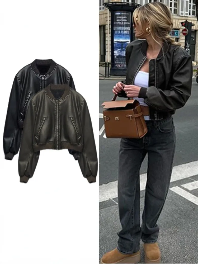 Graouy Women's Vintage Imitation Leather Bomber Jacket Coat Top Women's Style 240111