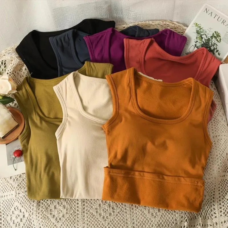 Tanques de mujer Correa de espagueti Camiseta sin mangas para mujeres Chic Slash Neck Construir en sujetador Espesar Base Camis Otoño Casual Camisolas femeninas Drop