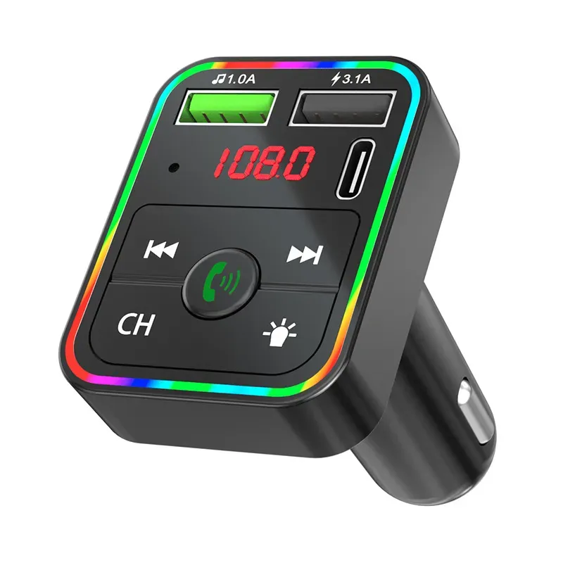 F2 LED Car FM Transmitter Bluetooth-Compatible 5.0 MP3 Audio TF / U Disk Player Handsfree Car Kit Adapter PD Type-c Fast  retail package