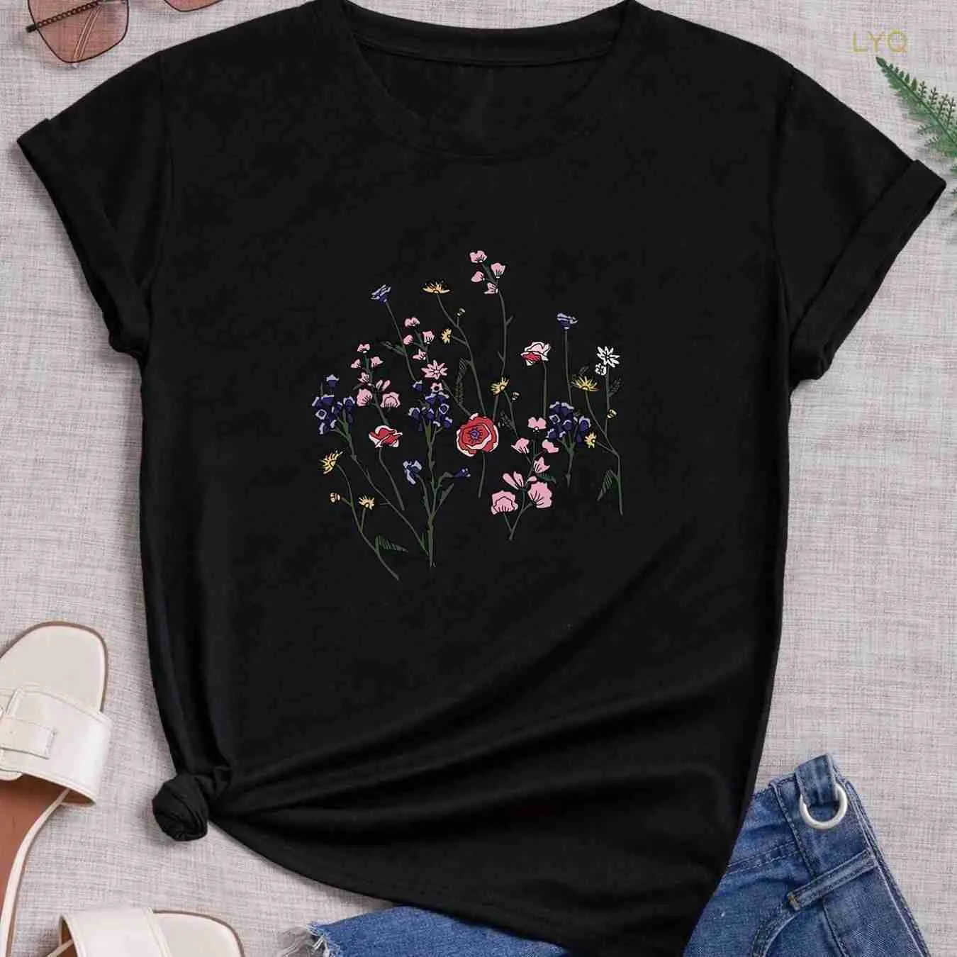 Flower Print Crew Neck Kobiet T-shirt swobodna koszulka z krótkim rękawem na wiosenne letnie ubranie damskie żeńskie topy tee