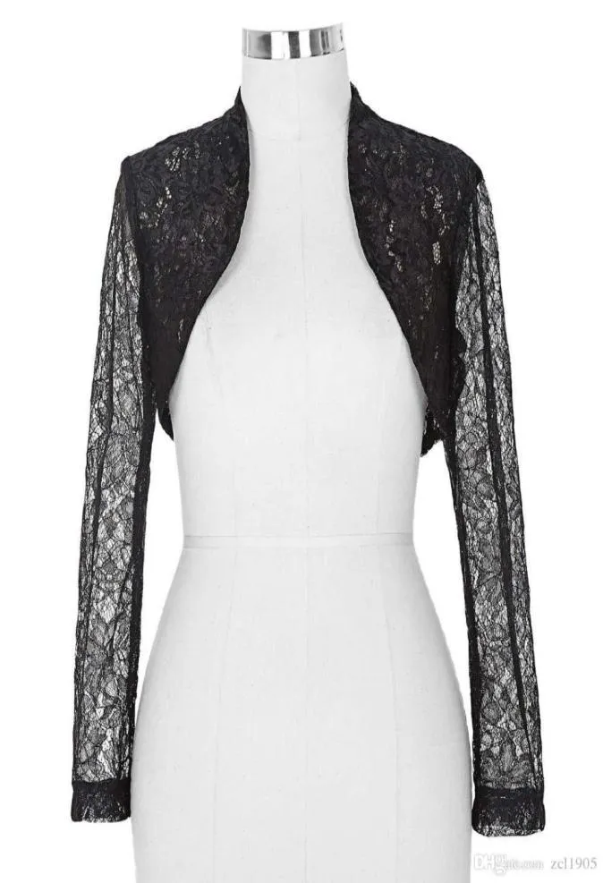 Элегантное 2016 новое стоковое женское укороченное черное кружевное болеро с длинными рукавами, свадебные куртки, белые свадебные накидки1690881