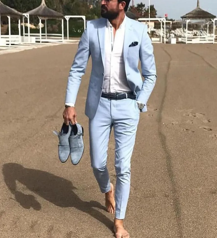 Men039s passar Sky Blue Linen Beach Men Summer 2 Piece Slim Fit Groom Tuxedo For Wedding Male Jacket With Pants6557297