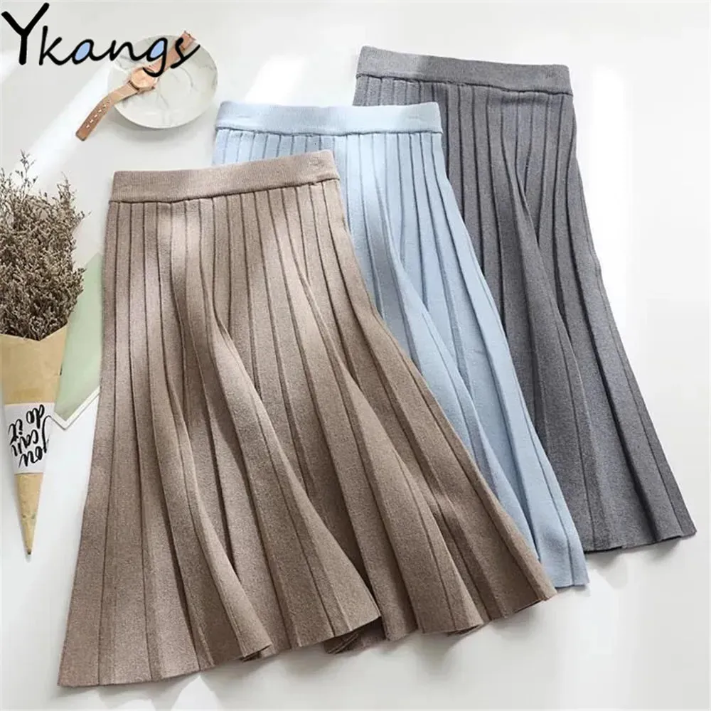 Women Knitted Midi Skirt Elegant Black ALine High Waist Pleated Long Korean Spring Autumn Winter Faldas Femme Jupes 240112