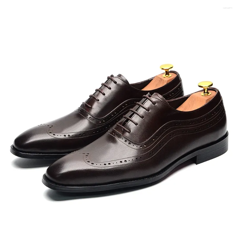 Dress Shoes Brand Original Mens Oxford Genuine Leather Wholly Dark Brown Wingtip Brogue Lace-up Business Wedding Formal