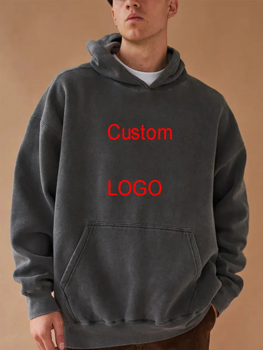 100% Cotton Diy Custom Your DTG Print Washed Hoodie Men Streetwear Retro Vintage Hooded Pullover Hiphop 240112