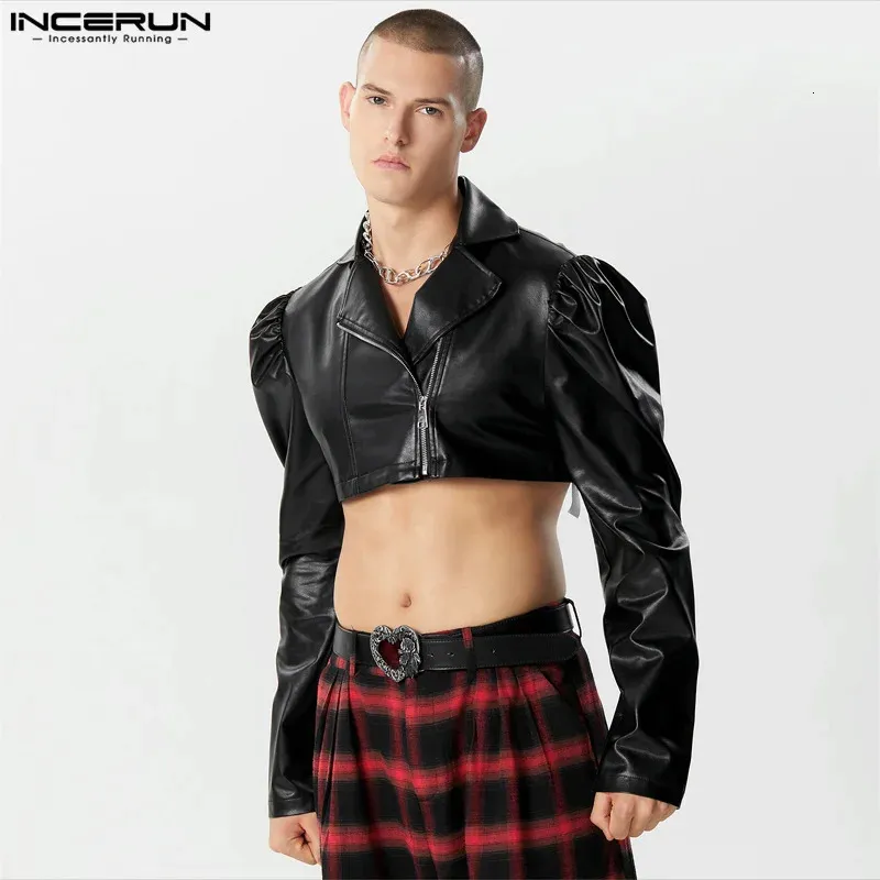 Mens PU Leather Jacket With Bubble Sleeves Cropped, Solid
