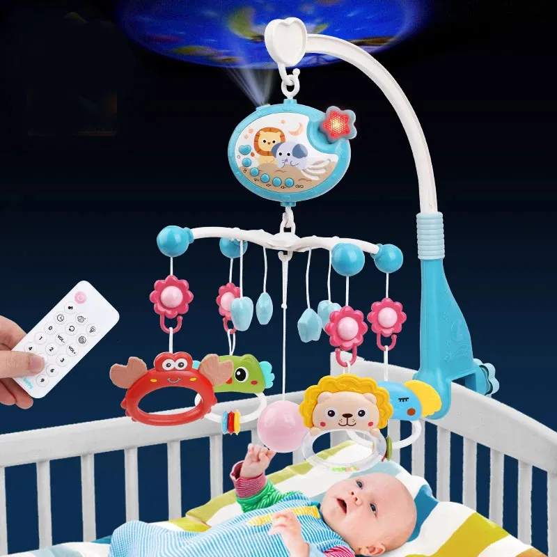 Baby Crib Mobile Rattles Toy RC Star Projection Timing Born Bell Toddler Carousel Spädbarn Roterande musikal 012m GENTER 240111