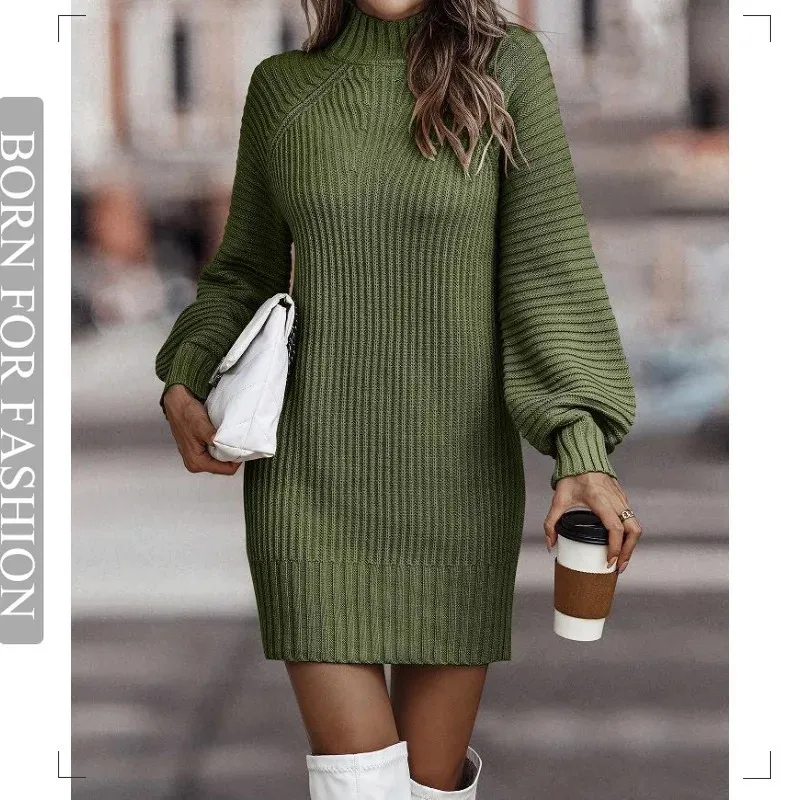 Vintage Winter Strickkleid Damen Chic Rollkragen Laterne Langarm Mini Pullover Kleider für Frauen Ankunft Kleidung 240111