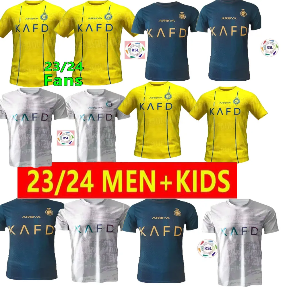 23/24 AL NASSR FC Soccer Jerseys Ronaldo 2023 2024 Hem Yellow Away 22 23 24 Cr7 Gonzalo Martinez Talisca Ghislain Konan Vincent Aboubakar Män och barn fotbollsskjorta