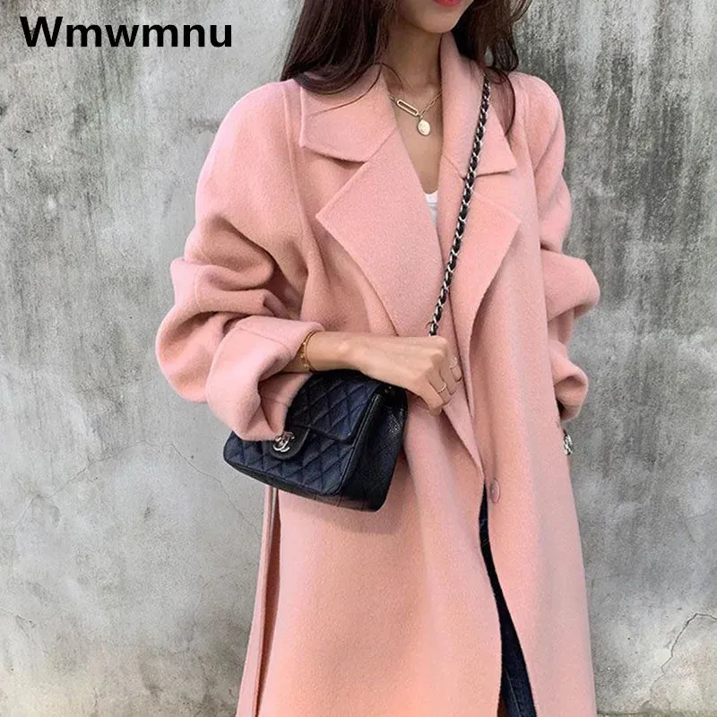 Корейские стили розовое длинное шерстяное пальто зимние теплые толстые женские шерстяные куртки шикарный пояс свободный Sobretudo повседневный плащ 240112