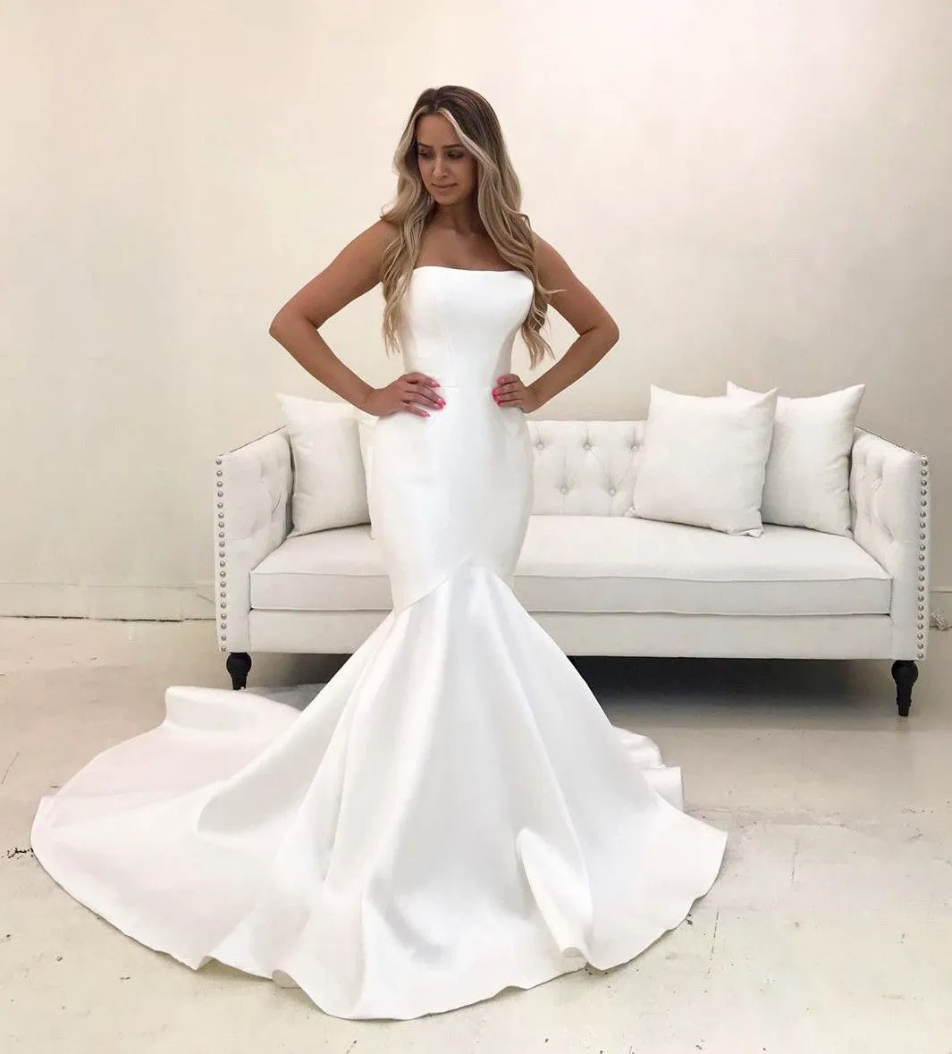 2024 Simple Mermaid Wedding Dresses Strapless Sleeveless Plus Size Bridal Gowns vestidos de novia Sweep Train Satin