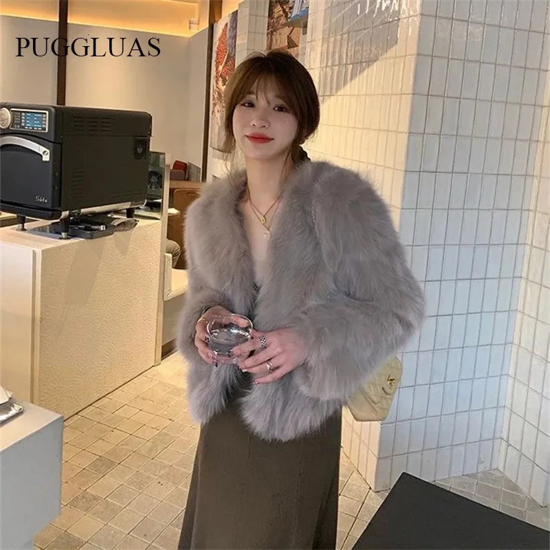 Autumn Fashion Faux Fox Fur Coat Women Korea mode Varma fjäderrockar Löst korta Outercoat Lady Party Elegant Outfits 240111