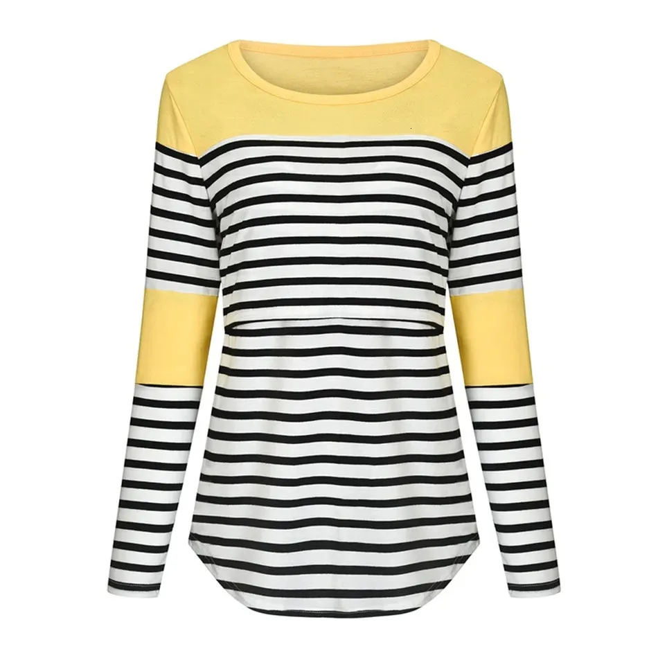 여성 출산 Tshirt 옷 여름 가을 롱 슬리브 스트라이프 간호 탑 모유 수유 셔츠 임신 플러스 크기 240111