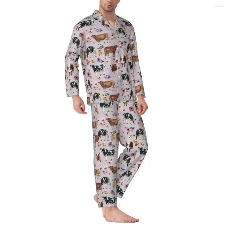 Vêtements de nuit pour hommes Pyjamas Hommes Vache et Fleur Chambre à coucher Vêtements de nuit Aquarelle Floral 2 pièces Ensemble esthétique à manches longues surdimensionné costume à la maison