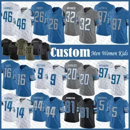 Custom 97 Aidan Hutchinson Jahmyr Gibbs Football''''Jersey Amon Ra St Brown Jack Campbell Sam LaPorta Brian Branch Hendon Hooker Brodric Mart