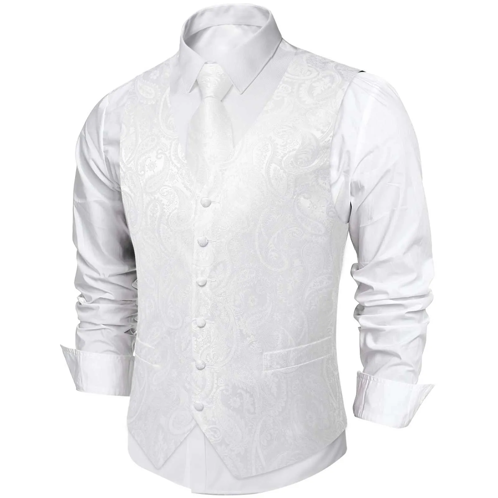 Herrenwesten Reinweiße Hochzeitsweste für Männer Ärmellose V-Ausschnitt Satin Weste Krawatte Einstecktuch Manschettenclip 5 Stück_voghion.com