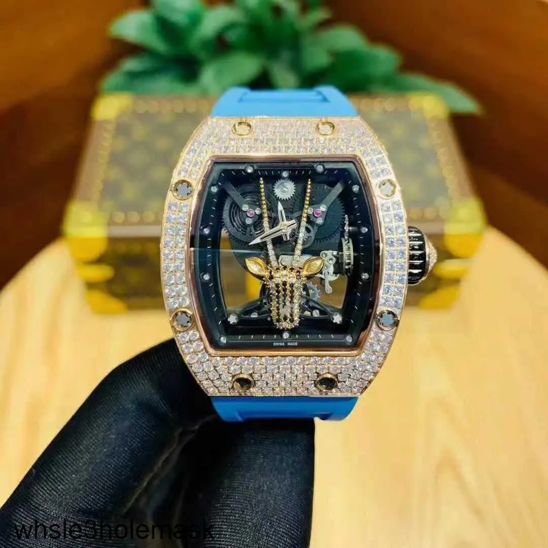 Mens Watches Richardmill Fully Luxury Automatic Mechanical Goat Personality Hollow Out Wine Bucket Filled with Diamond Tape Unique Atmosphere Alternative