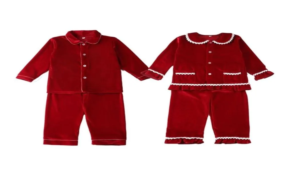 Peter Pan Yakası Çocuk Düğmesi Kırmızı Kadife Erkek Bebek Sweatwear Çocuklar Noel Pijama Setleri 2109156900448