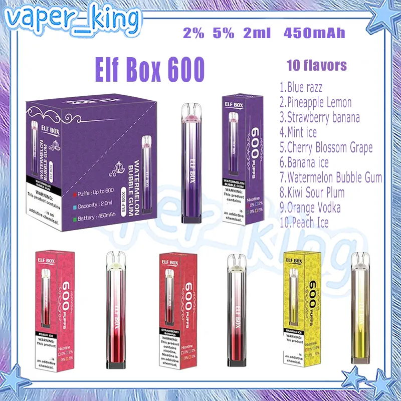 Elf Box 600 Puff Descartável E Cigarros Bobina de Malha 2ml Pod 450 mAh Bateria Eletrônico Cigs Puffs 600 2% 5% 10 Sabores Vape Pen Conveniente para Usar Kit