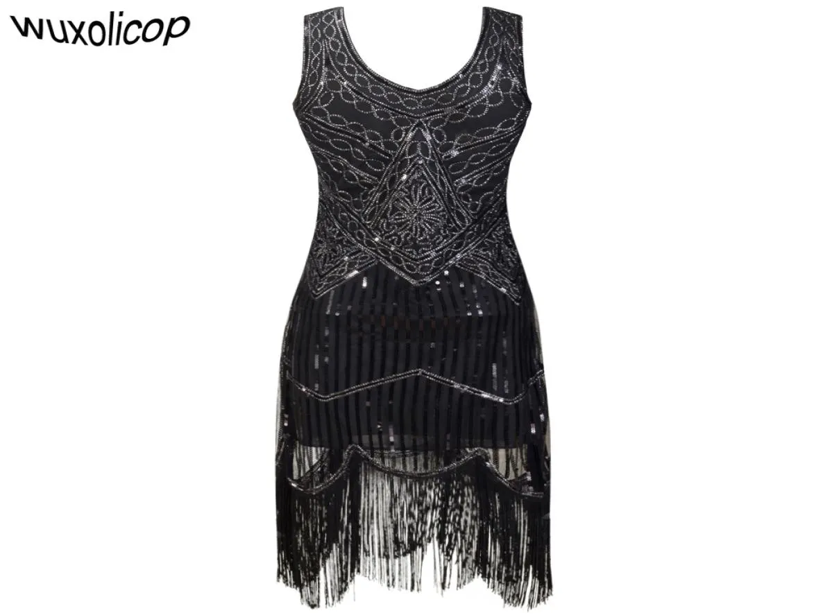 Robe de soirée femme Robe Femme années 1920 Great Gatsby Flapper Sequin Fringe Robe Midi Robe été Art déco rétro Robe noire Y1901178635656