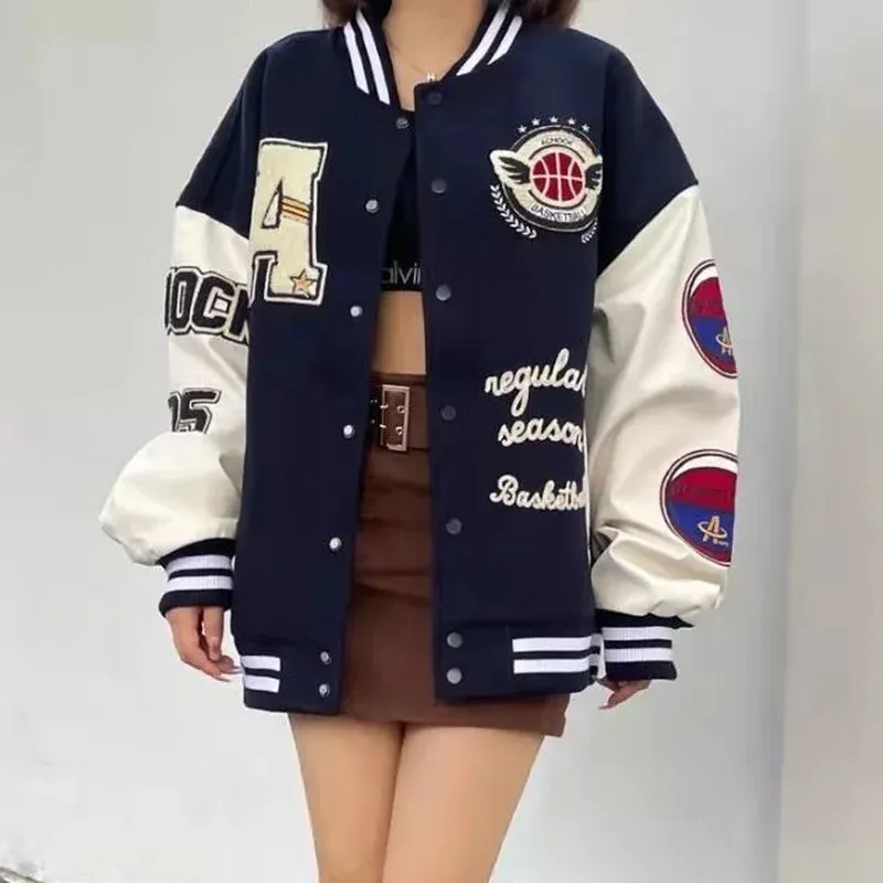 American Retro Letter Brodery Flocking Y2k Street Hiphop Baseball Uniform Jacket Female College Style Par Outfit 240112
