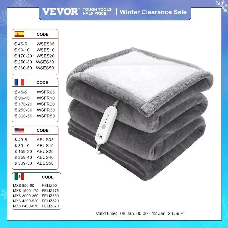 VEVOR Heated Blanket Electric Throw 4 Sizes Soft Flannel Sherpa Heating