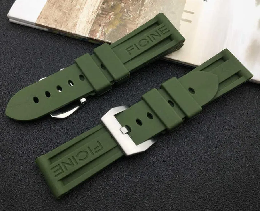 22mm 24mm Army Green Watch Band Silicone Rubber Watchband Replacement för Panerai Strap Tools with Steel Pin Buckle H09154415019