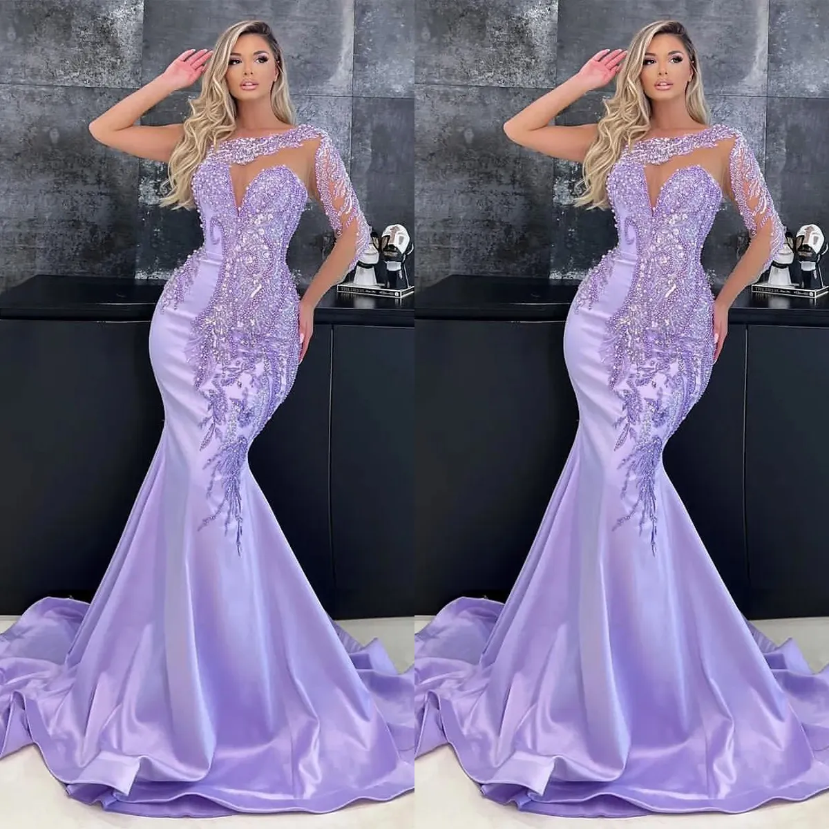 Exquisite One Shoulder Mermaid Evening Dresses Pearls Sequined Prom Dress Long Sleeves Plus Size Custom Made Special Occasion Dresses