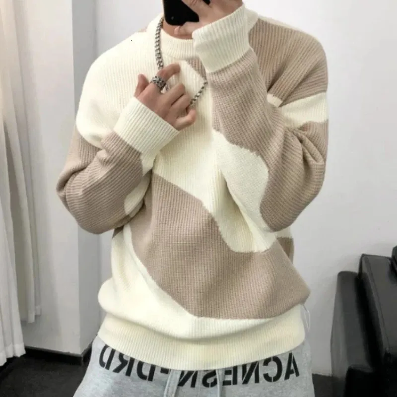 Man Giysileri Yuvarlak Yaka Küleyler Erkekler İçin Örme Sökümler Crewneck Renk Eşleşen Siyah Sigara Gündelik Kore tarzı Jumpers S 240112