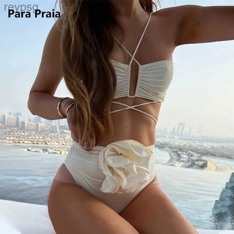 Kvinnors badkläder Para Praia Cross Halter Bandeau Bikini Set 2023 Sexig 3D Flower Women Swimsuit High midje Biquini Bandage Bathing Suit YQ240112