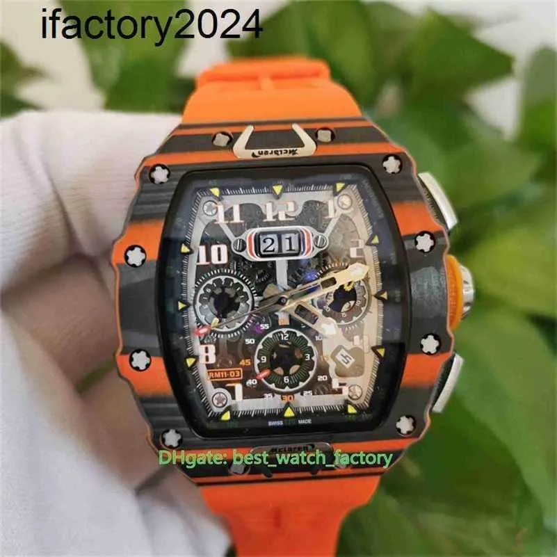 JF Richdsmers Watch Factory SuperClone Hot Selling Top Quality Watches 44MM 50mm RM1103 MCLAREN SKELETON CARBON FIBER ORANGE RUBBER TRANSPARENT MENS WRI