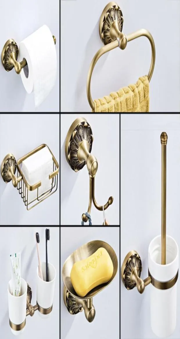 Antike Badezimmer-Accessoires-Set Bronze Toilettenpapierrollenhalter Badezimmer Dusche Seifenschale Robe Haken WC-Bürstenhalter Handtuchring6009018