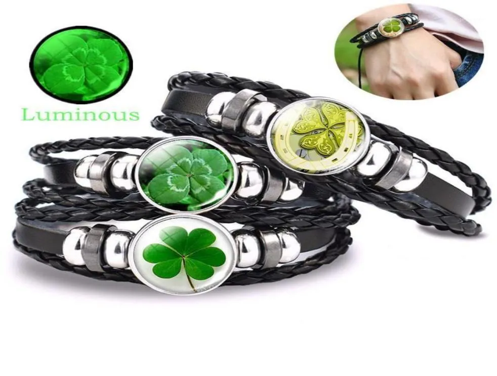 Bracelet trèfle à quatre feuilles trèfle lumineux, cabochon en verre, cuir, bracelets tressés multicouches, St Patrick039s Day Fashion Jewe2340599