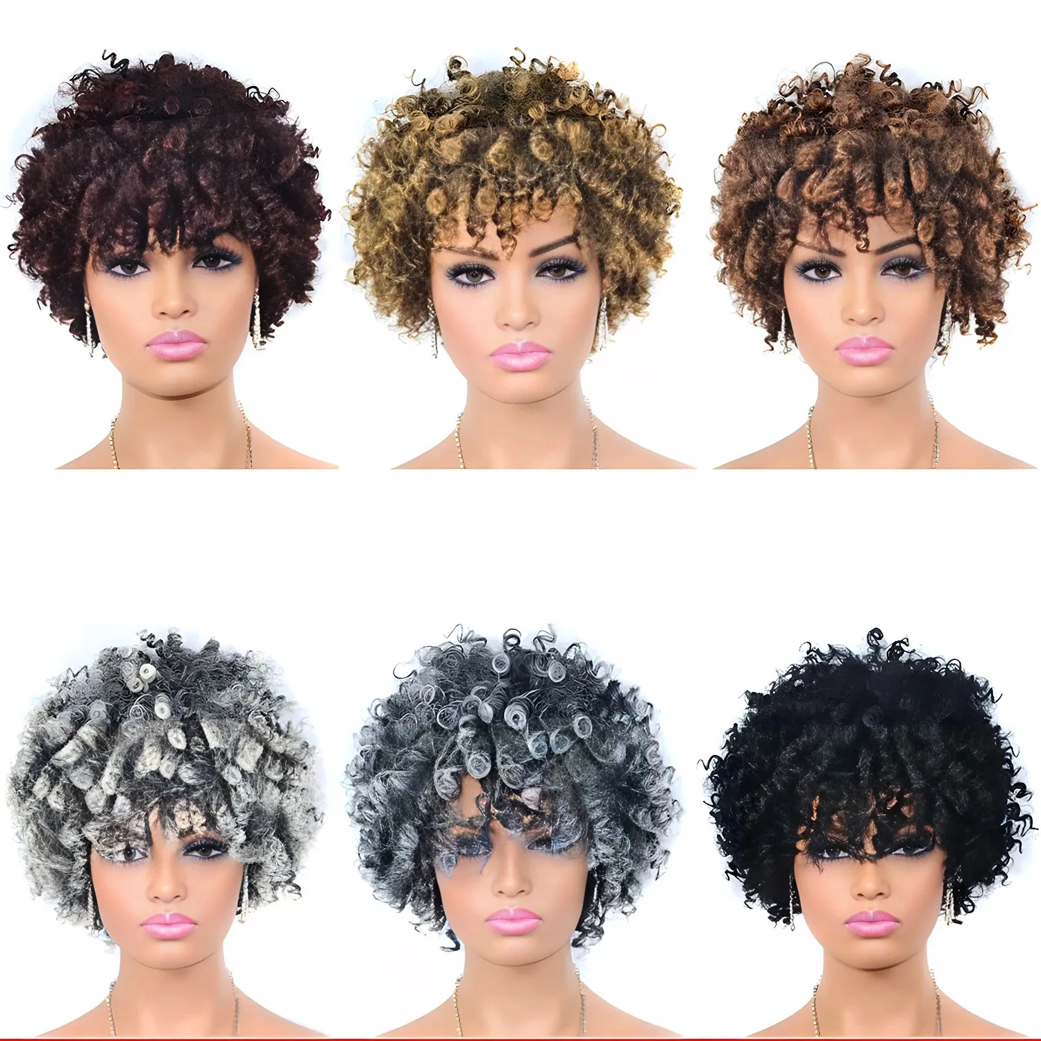 Perruques Afro courtes crépues bouclées avec frange pour femmes noires, cheveux synthétiques ombrés naturels résistants à la chaleur, perruques de Cosplay brunes à reflets 240111