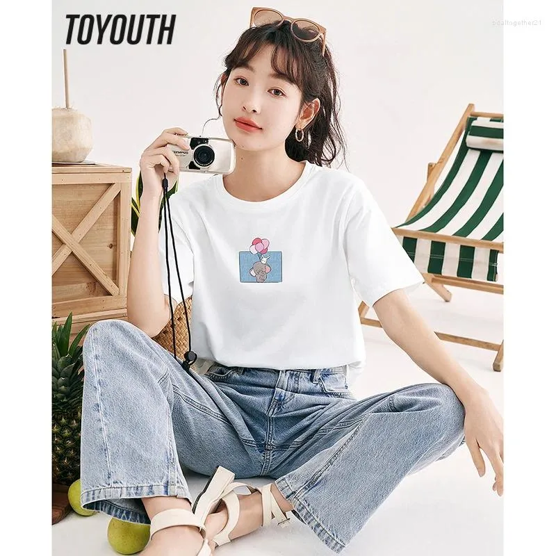 女性のTシャツTOYOUTH女性Tシャツ2024夏の半袖丸いネックルーズティーバルーン象プリントカジュアルオールマッチ7色