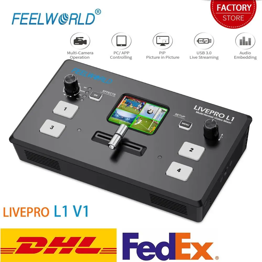 Studio FEELWORLD LIVEPRO L1 V1 Live-Streaming-Video-Umschalter 4xHDMI-Eingang HDMI USB3.0 Multiformat-Studioaufnahme-Vorschaukamera Youtube